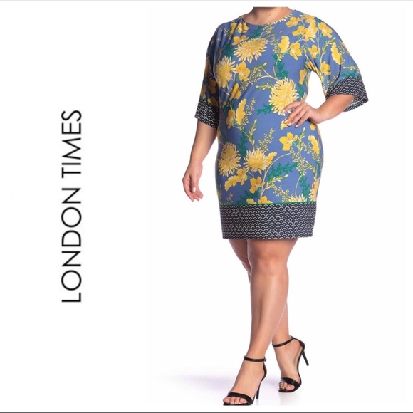 London Times Blue Floral Mixed Print Print Dress - Picture 2 of 5